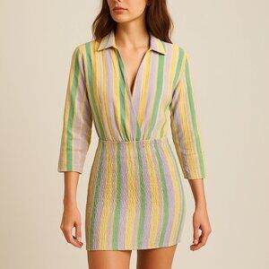 Zara Medium Cotton Striped Mini Dress Ruched Waist Shirtdress Coastal Chic